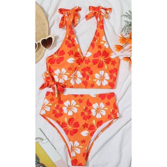 Tropical Bikini Size 2XL Orange Floral Tie Knot High Waist Bottom Surplice Top D - Picture 1 of 12